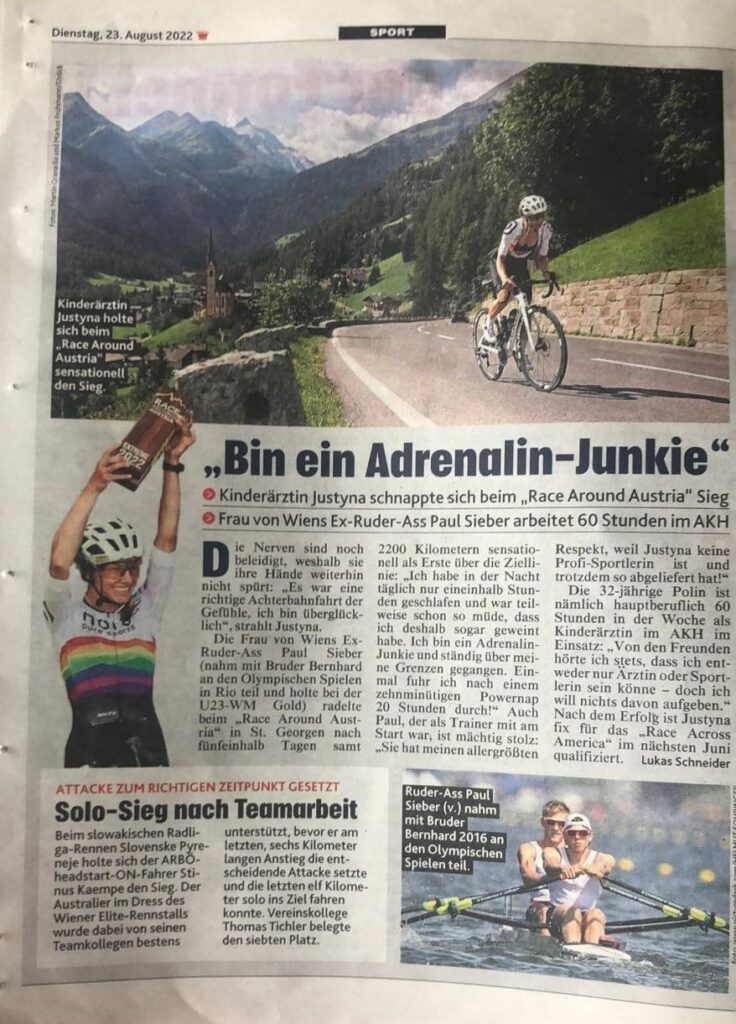 Sportlerin Justyna Sieber beim Radrennen Race Around Austria als Siegerin der Extreme Challenge; Zeitungsausschnitt der Kronen Zeitung, die sie auf ihren Ehemann reduziert